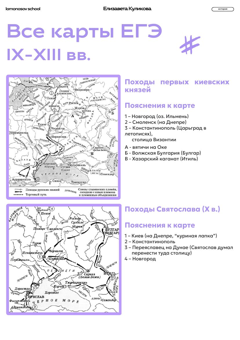 Киевская Русь: походы первых князей и Святослава. Карта с пояснениями из сборника ЕГЭ, страница 3.