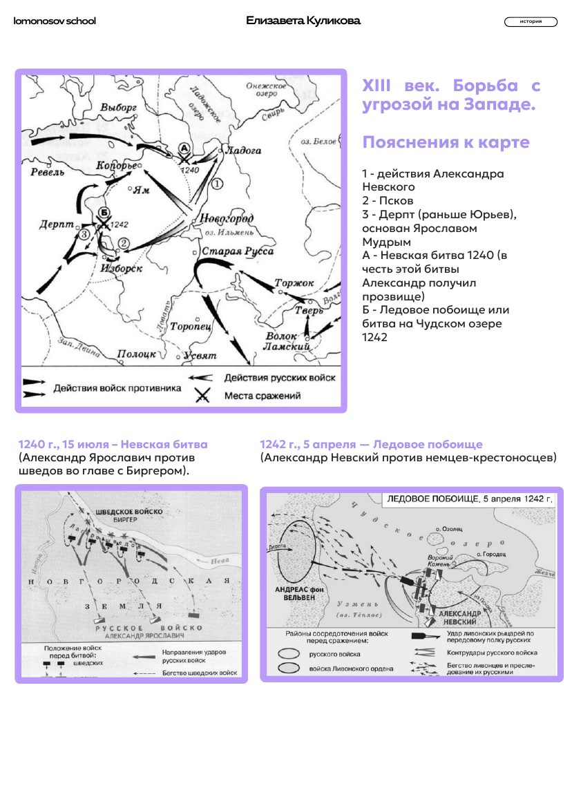 Борьба с западными противниками: Невская битва и Ледовое побоище. Карта с пояснениями из сборника ЕГЭ, страница 6.