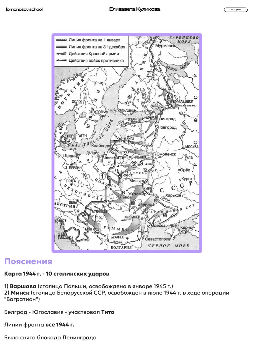Операции 1943–1944 годов. Карта с пояснениями из сборника ЕГЭ, страница 43.