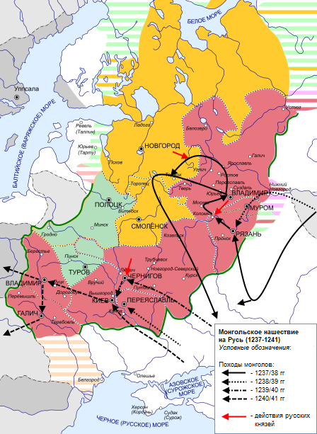 Карта похода Батыя по русским землям в 1237–1240 годах